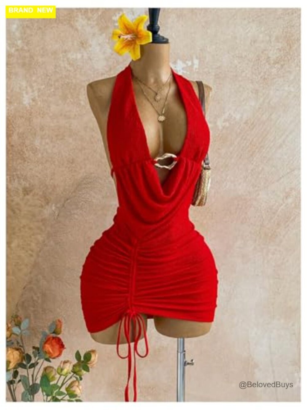 Women's Sexy Deep V Neck Halter Mini Dress Backless Metal Ring Bodycon Party - Picture 5 of 5